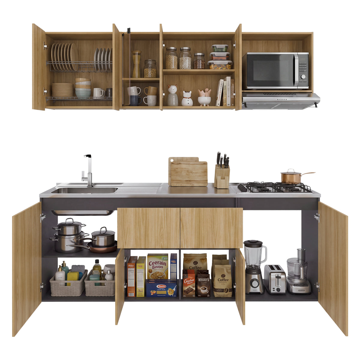 Cocina Amantia Fresno Europeo 212x208cm con Mesón de Acero Inoxidable con Pozuelo Lado Izquierdo y con Estufa