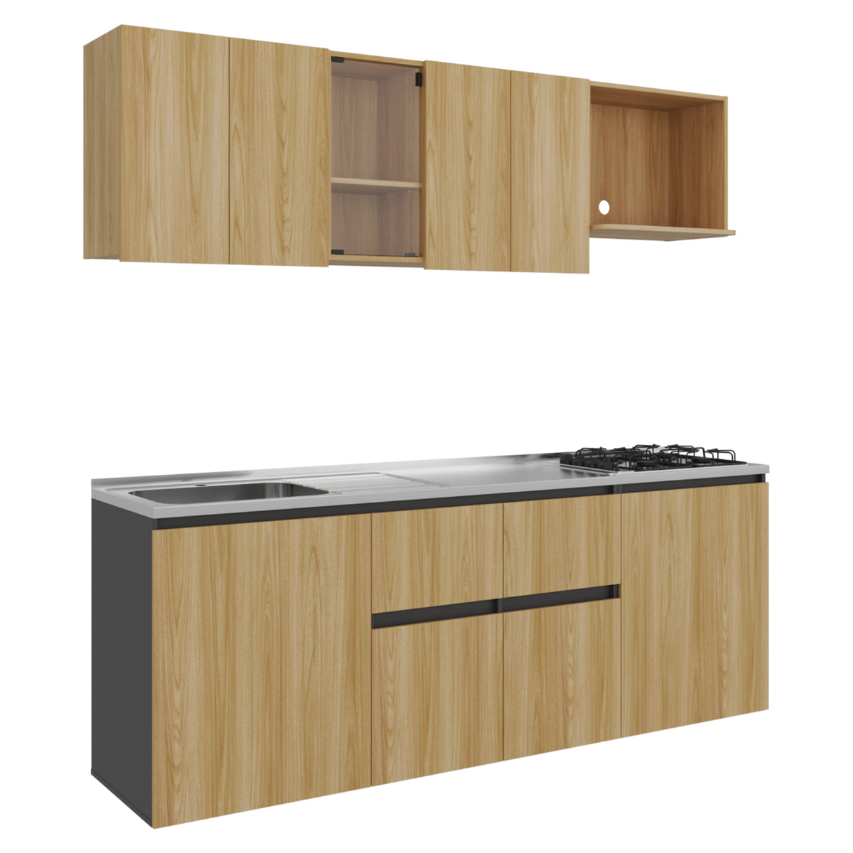 Cocina Amantia Fresno Europeo 212x208cm con Mesón de Acero Inoxidable con Pozuelo Lado Izquierdo y con Estufa
