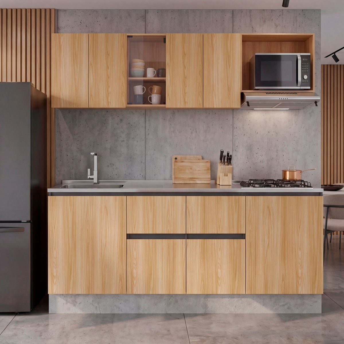 Cocina Amantia Fresno Europeo 212x208cm con Mesón de Acero Inoxidable con Pozuelo Lado Izquierdo y con Estufa