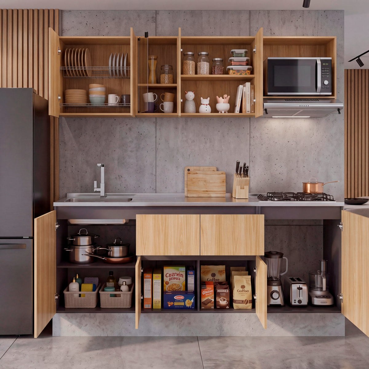 Cocina Amantia Fresno Europeo 212x208cm con Mesón de Acero Inoxidable con Pozuelo Lado Izquierdo y con Estufa