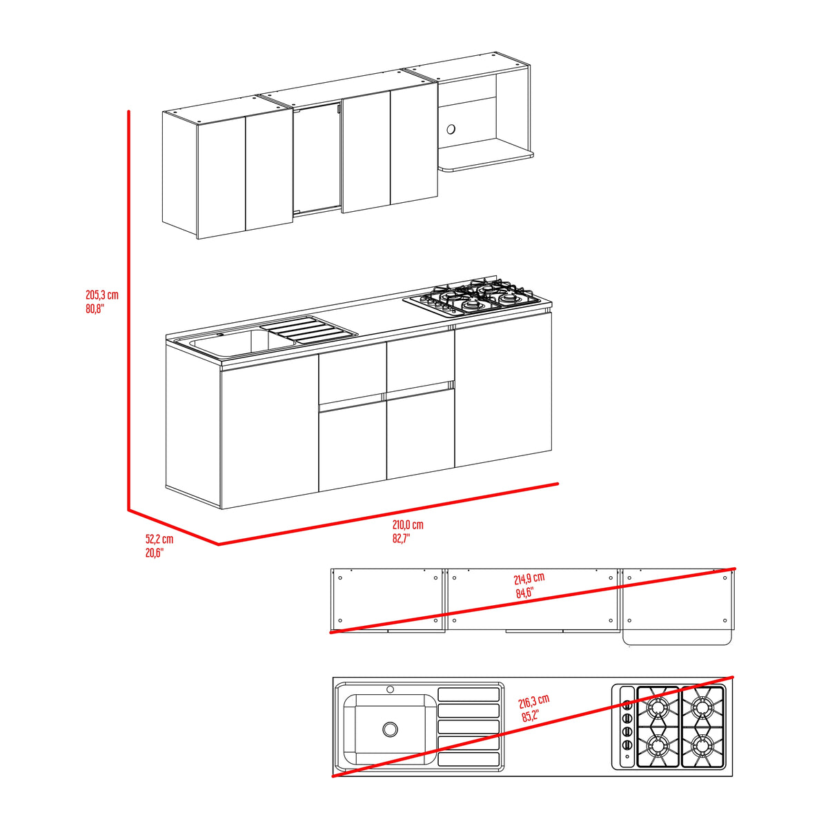 Cocina Amantia Fresno Europeo 212x208cm con Mesón de Acero Inoxidable con Pozuelo Lado Izquierdo y con Estufa