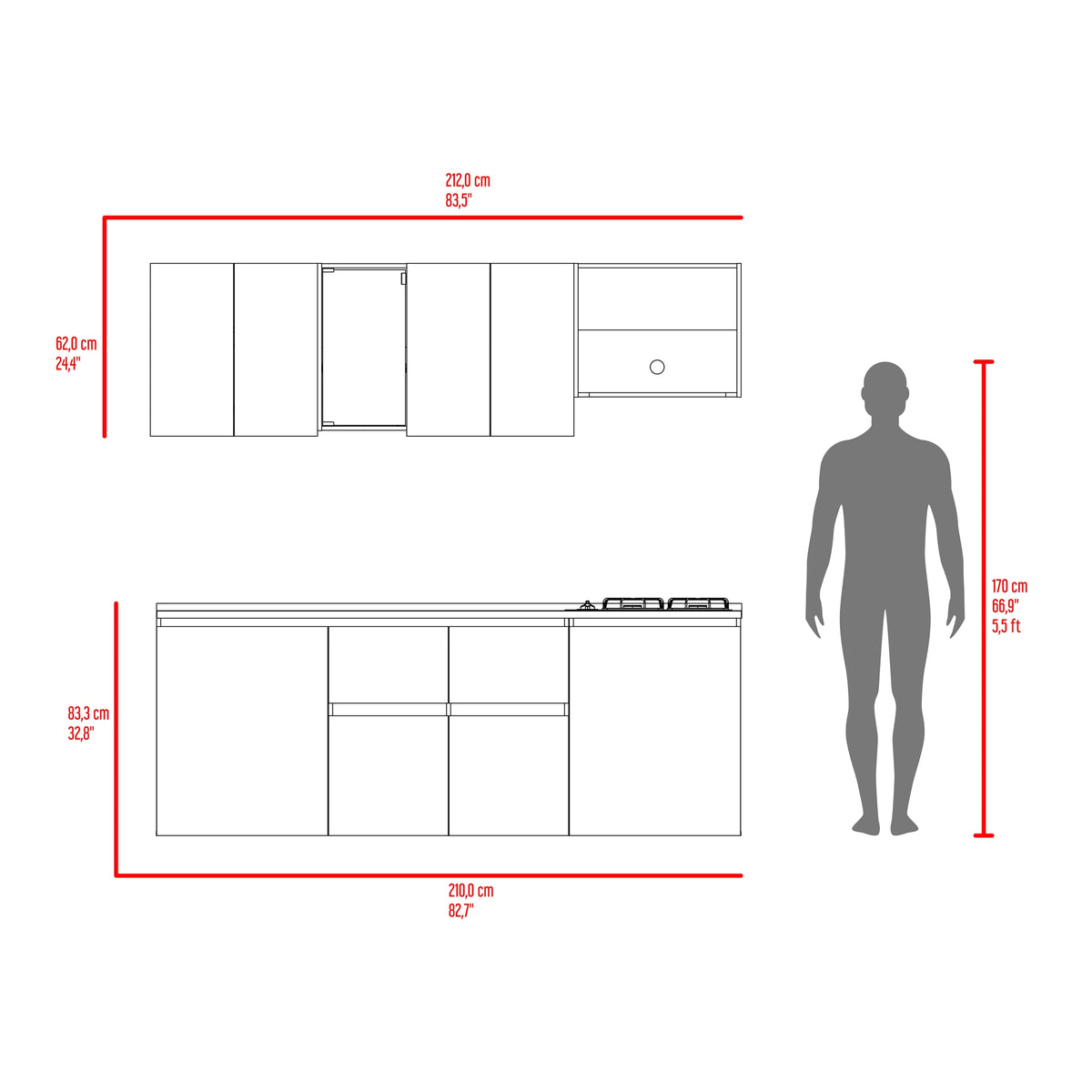 Cocina Amantia Fresno Europeo 212x208cm con Mesón de Acero Inoxidable con Pozuelo Lado Izquierdo y con Estufa