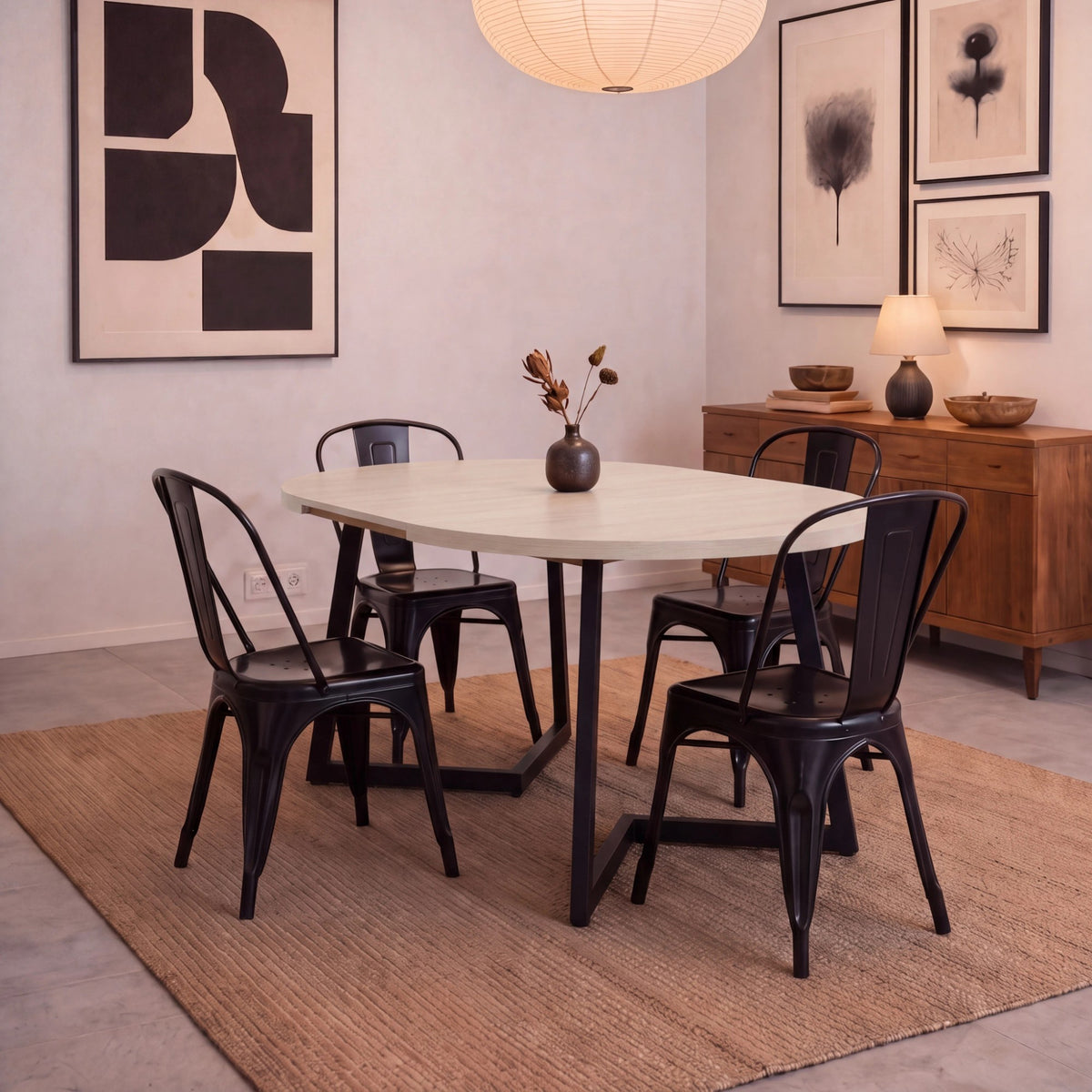 Mesa de Comedor Emet Oasis y Metálico Negro 105x71cm Circular Extensible de Seis Puestos sin Sillas