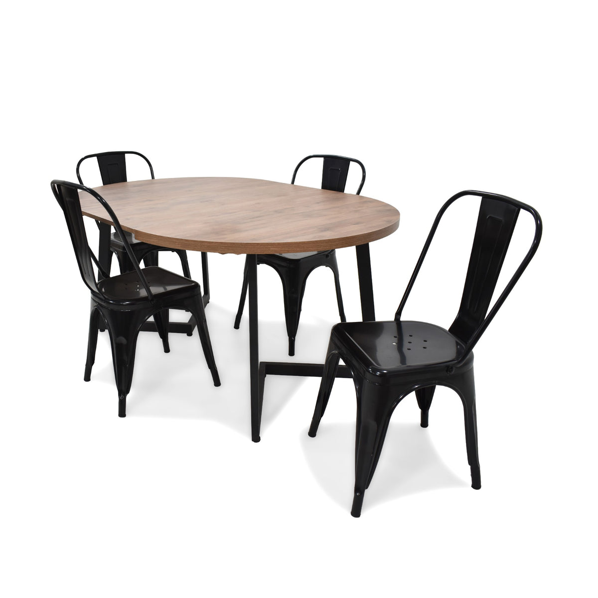 Juego de comedor Emet Mácula y Metálico Negro 105x71cm Circular Extensible de Seis Puestos con Cuatro Sillas