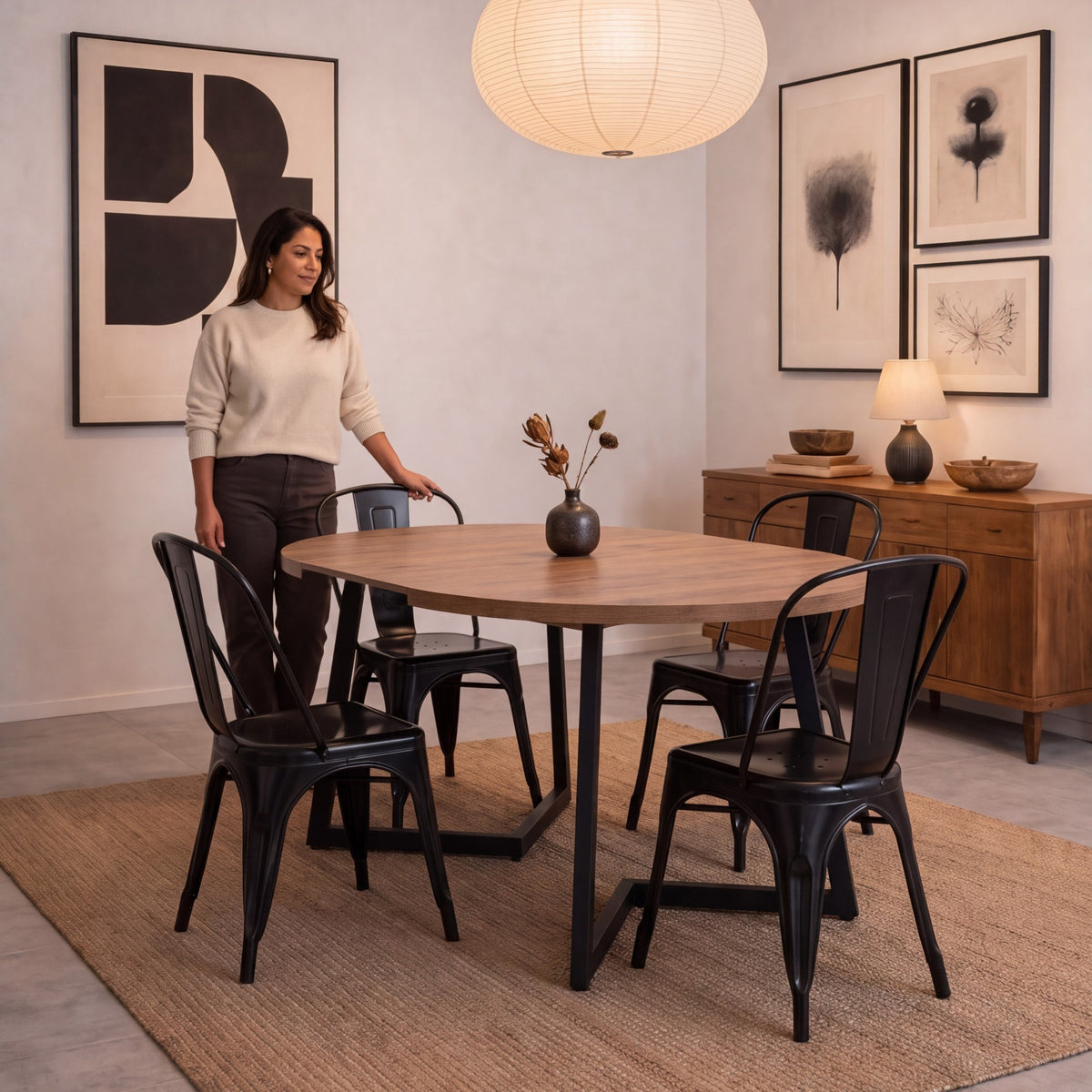 Juego de comedor Emet Mácula y Metálico Negro 105x71cm Circular Extensible de Seis Puestos con Cuatro Sillas