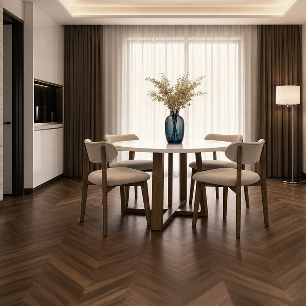 Juego de comedor Maine Blanco y Beige 120x77cm Circular de Cuatro Puestos con Cuatro Sillas