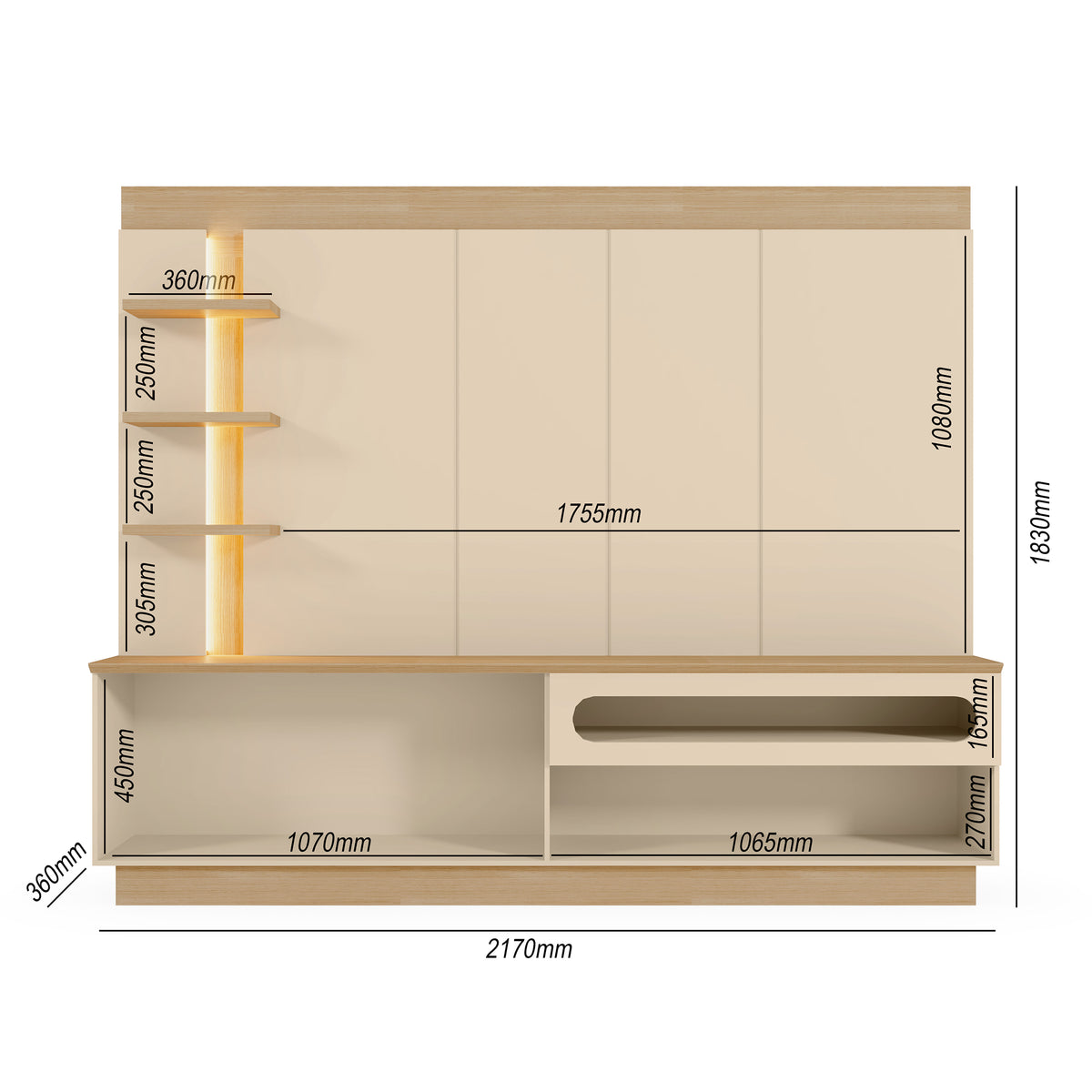 Centro de Entretenimiento Arena y Oasis 217x183cm para TV Hasta 65" Pulgadas con Cinco Compartimientos y con Ranura para Cables