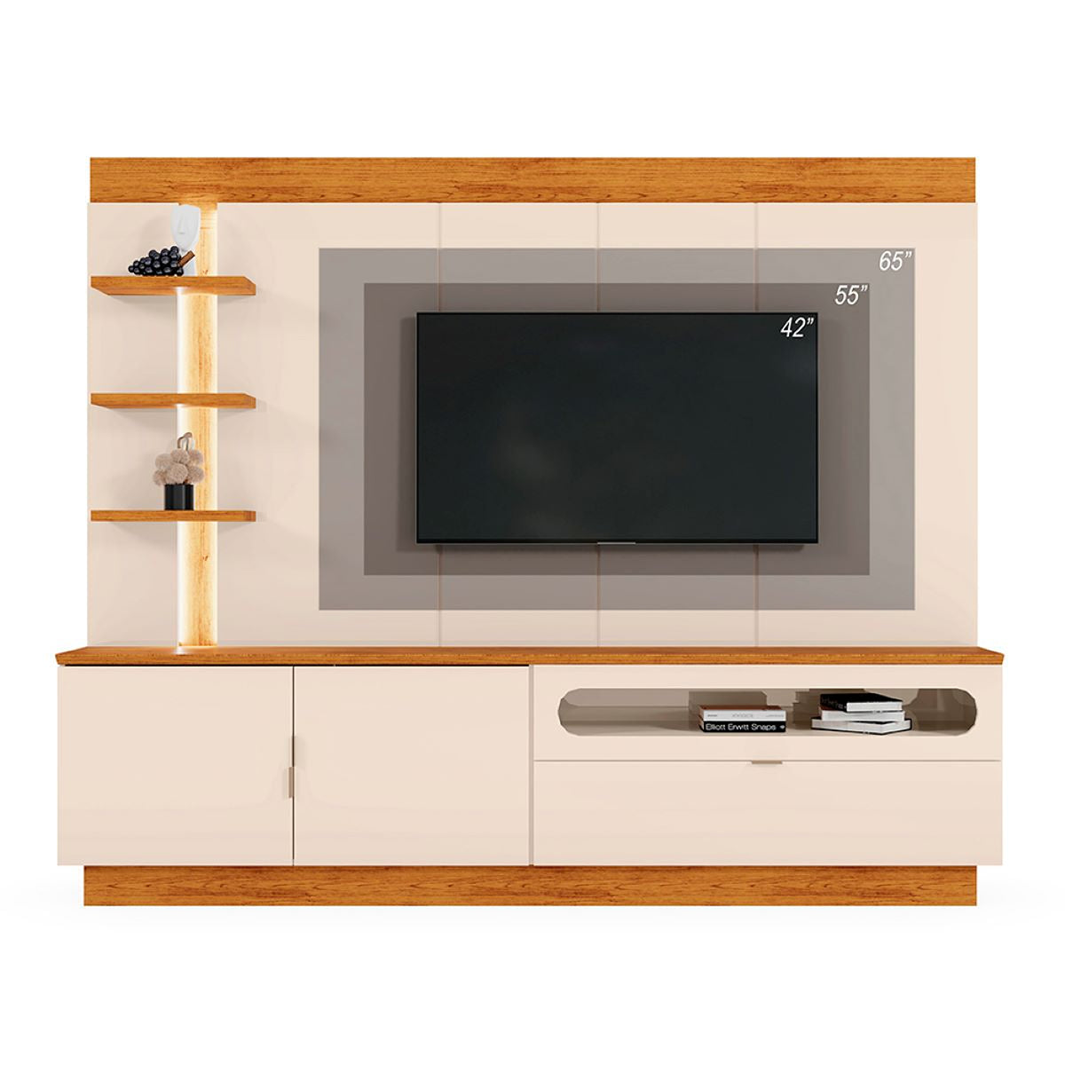 Centro de Entretenimiento Blanco y Canela 217x183cm para TV Hasta 65" Pulgadas con Cinco Compartimientos y con Ranura para Cables