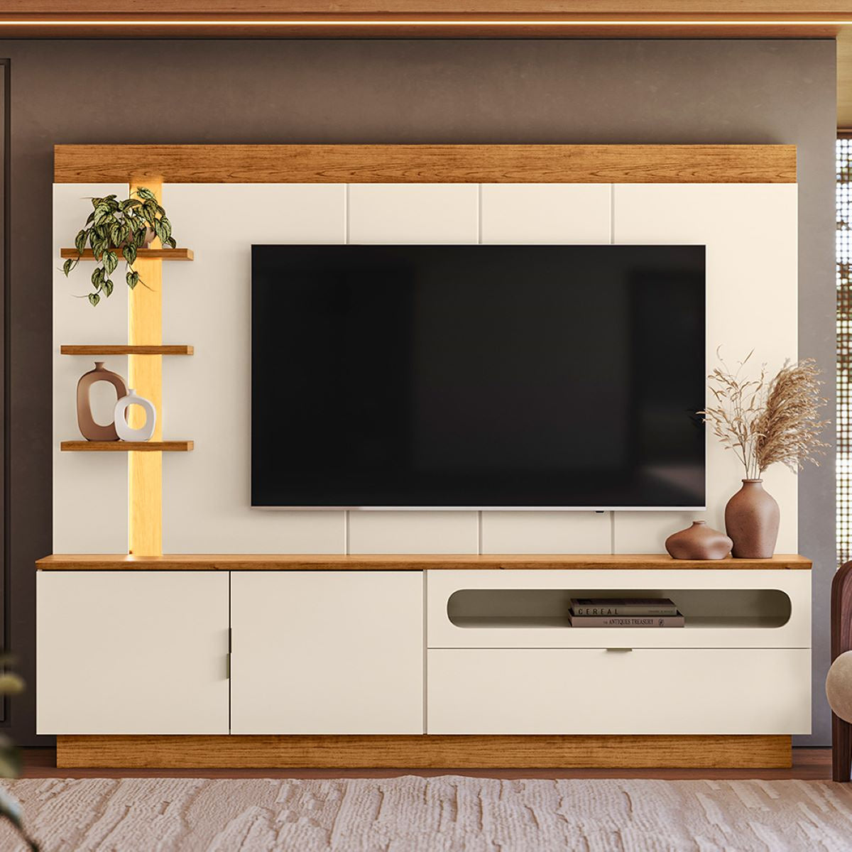 Centro de Entretenimiento Blanco y Canela 217x183cm para TV Hasta 65" Pulgadas con Cinco Compartimientos y con Ranura para Cables