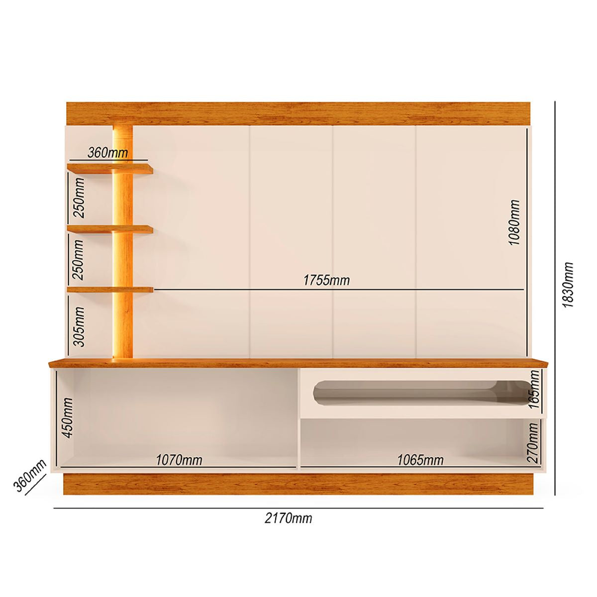Centro de Entretenimiento Blanco y Canela 217x183cm para TV Hasta 65" Pulgadas con Cinco Compartimientos y con Ranura para Cables