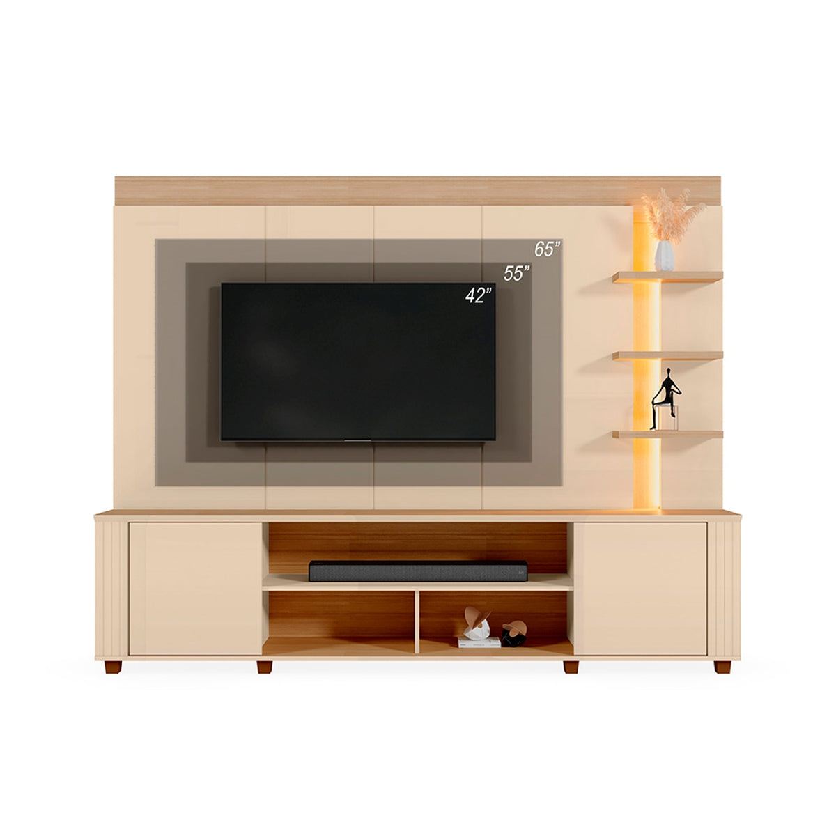 Centro de Entretenimiento Arena y Oasis 217x183cm para TV Hasta 65" Pulgadas con Siete Compartimientos y con Ranura para Cables