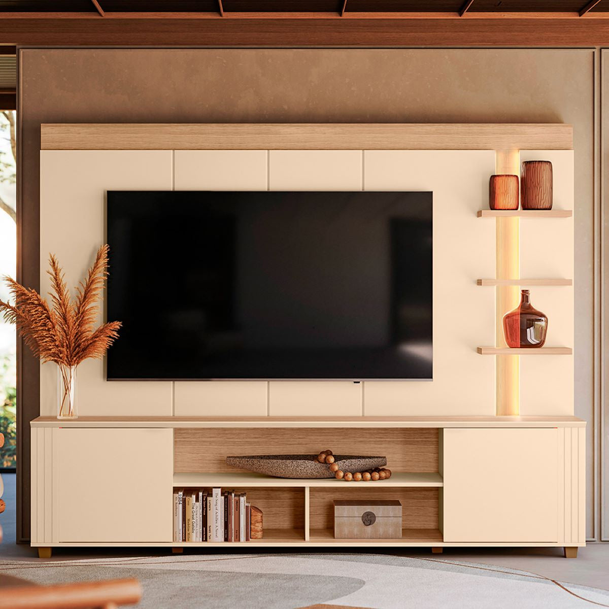 Centro de Entretenimiento Arena y Oasis 217x183cm para TV Hasta 65" Pulgadas con Siete Compartimientos y con Ranura para Cables