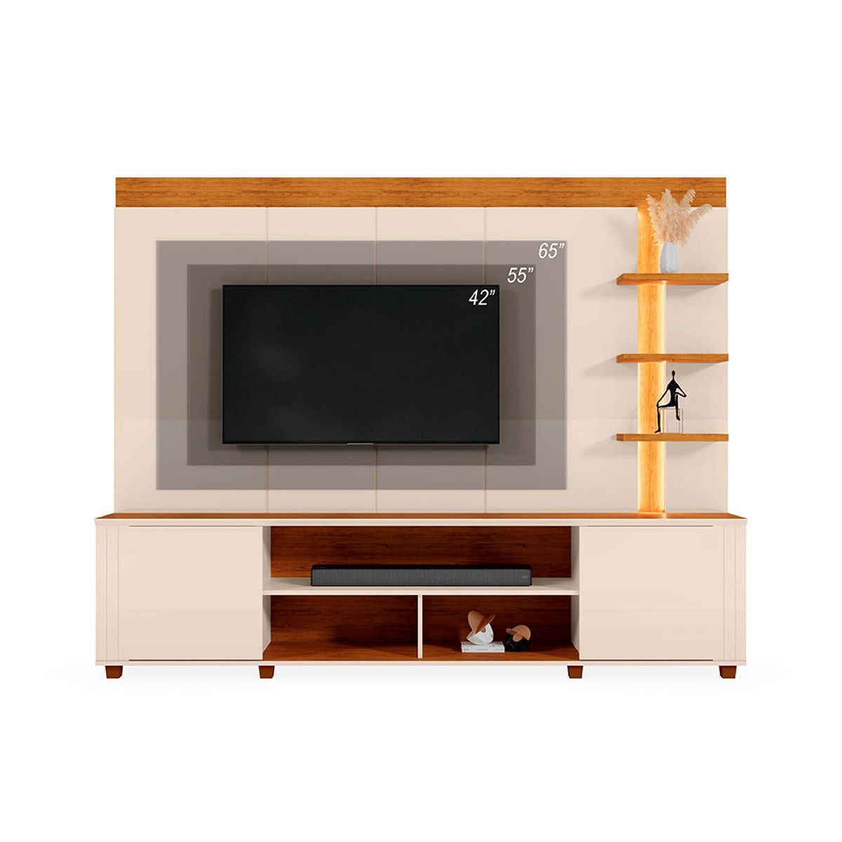 Centro de Entretenimiento Blanco y Canela 217x183cm para TV Hasta 65" Pulgadas con Siete Compartimientos y con Ranura para Cables