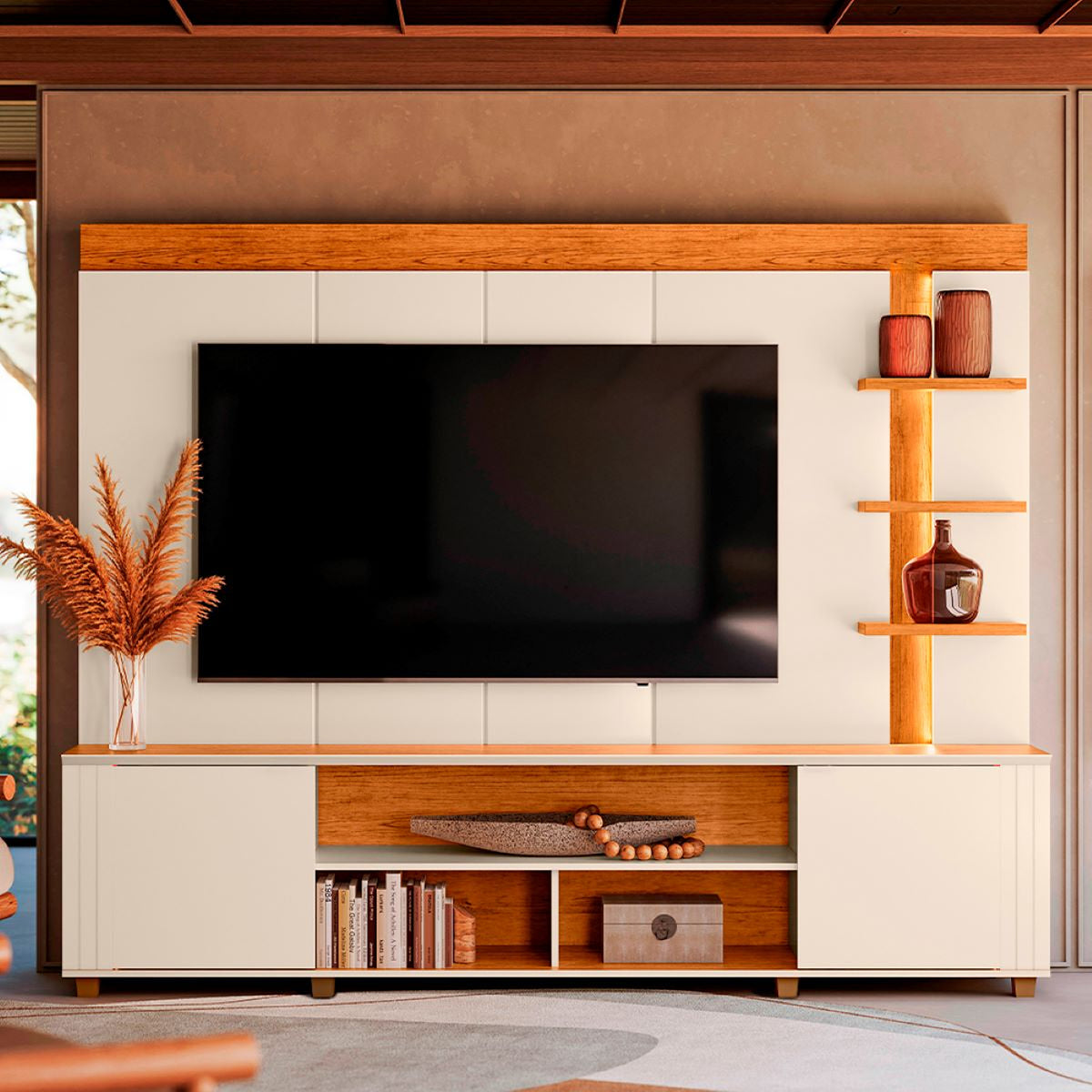 Centro de Entretenimiento Blanco y Canela 217x183cm para TV Hasta 65" Pulgadas con Siete Compartimientos y con Ranura para Cables