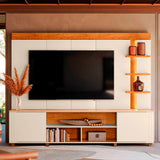 Centro de Entretenimiento Blanco y Canela 217x183cm para TV Hasta 65" Pulgadas con Siete Compartimientos y con Ranura para Cables