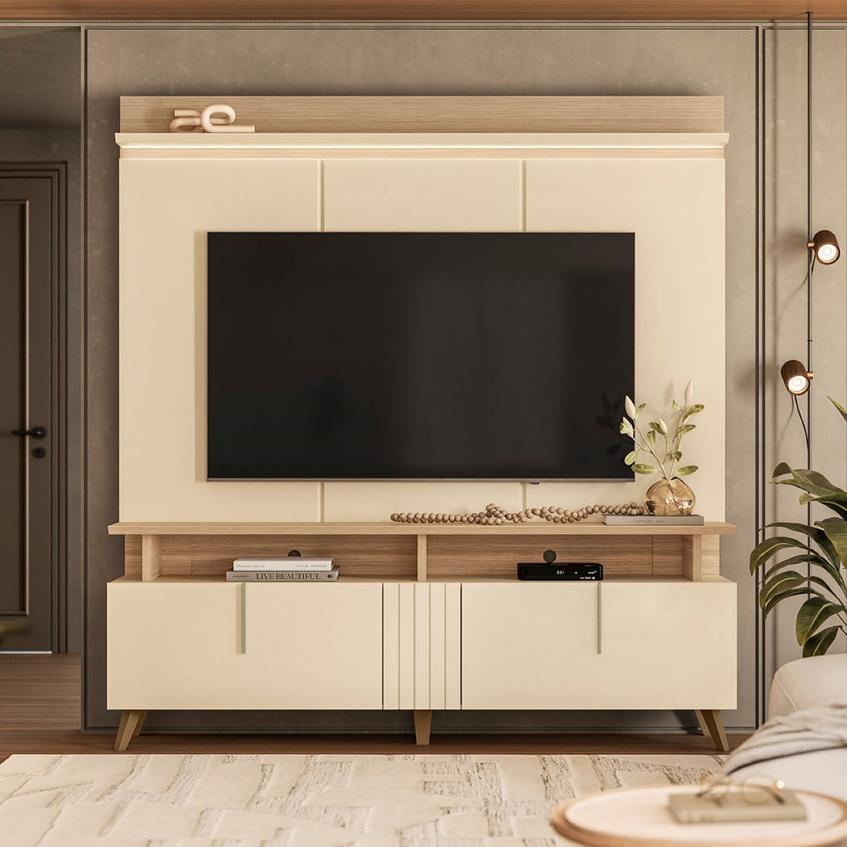 Centro de Entretenimiento Arena y Oasis 180x191cm para TV Hasta 70" Pulgadas con Tres Compartimientos y con Ranura para Cables