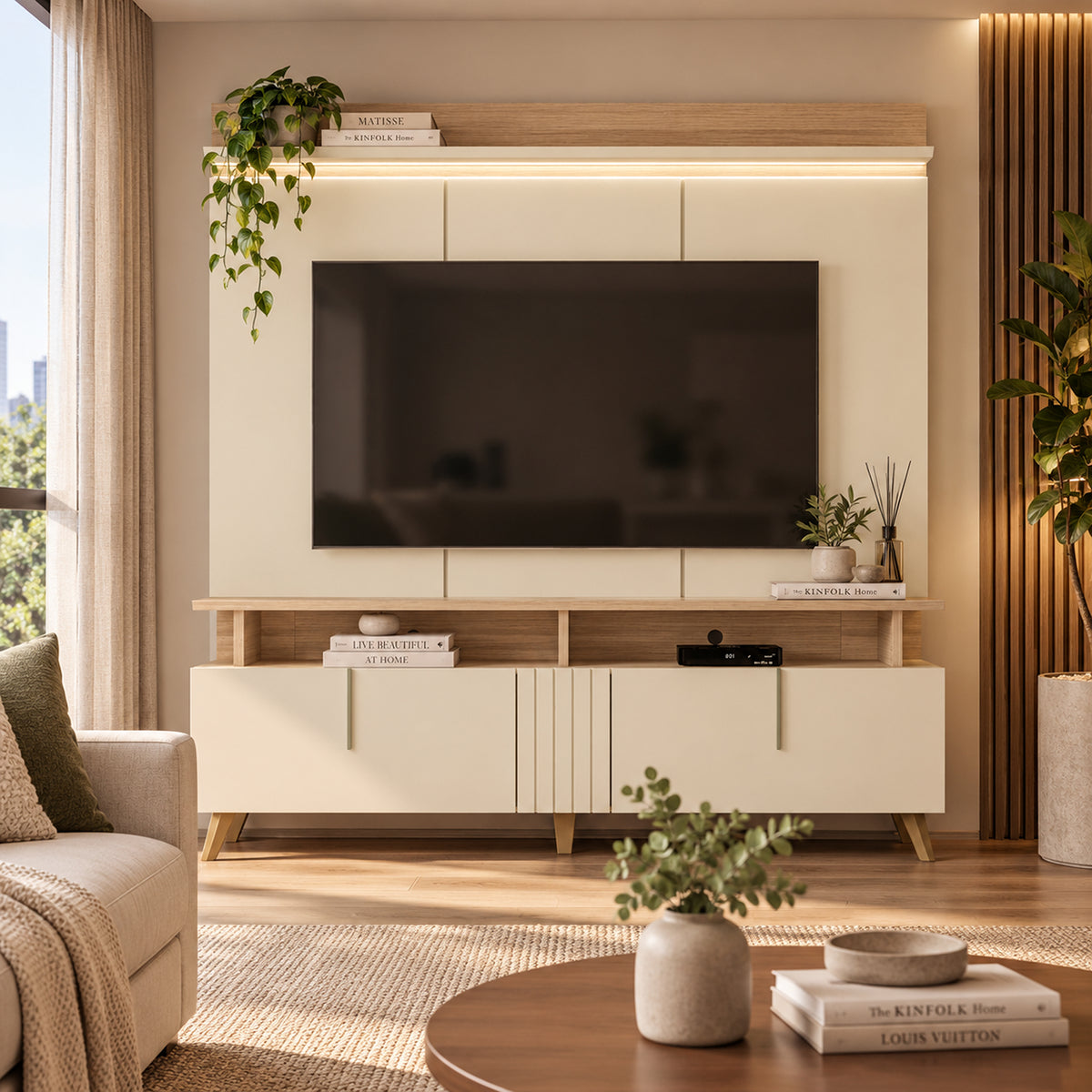 Centro de Entretenimiento Arena y Oasis 180x191cm para TV Hasta 70" Pulgadas con Tres Compartimientos y con Ranura para Cables