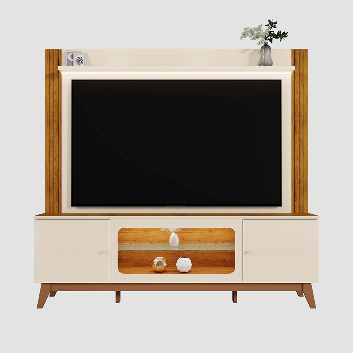 Centro de Entretenimiento Arena y Oasis 198x188cm para TV Hasta 70" Pulgadas con Tres Compartimientos y con Ranura para Cables