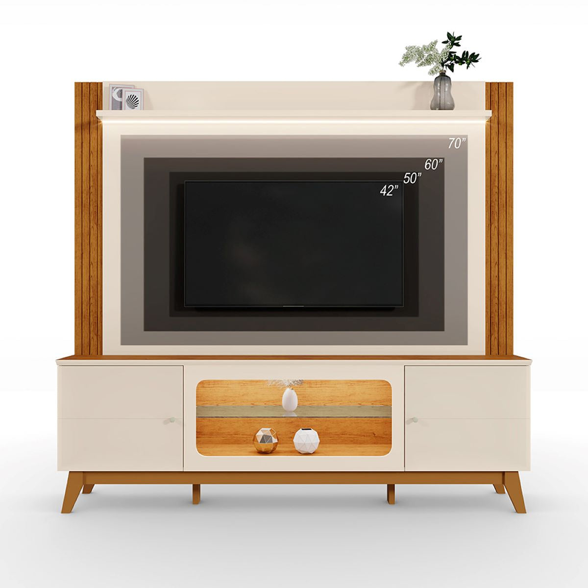 Centro de Entretenimiento Arena y Oasis 198x188cm para TV Hasta 70" Pulgadas con Tres Compartimientos y con Ranura para Cables
