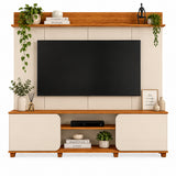 Centro de Entretenimiento Blanco y Canela 182x185cm para TV Hasta 65" Pulgadas con Tres Compartimientos y con Ranura para Cables