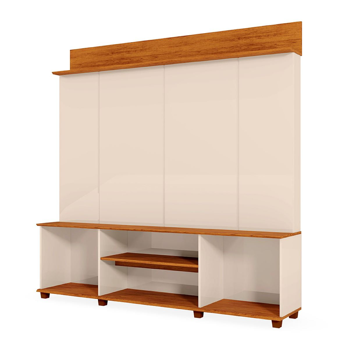 Centro de Entretenimiento Blanco y Canela 182x185cm para TV Hasta 65" Pulgadas con Tres Compartimientos y con Ranura para Cables