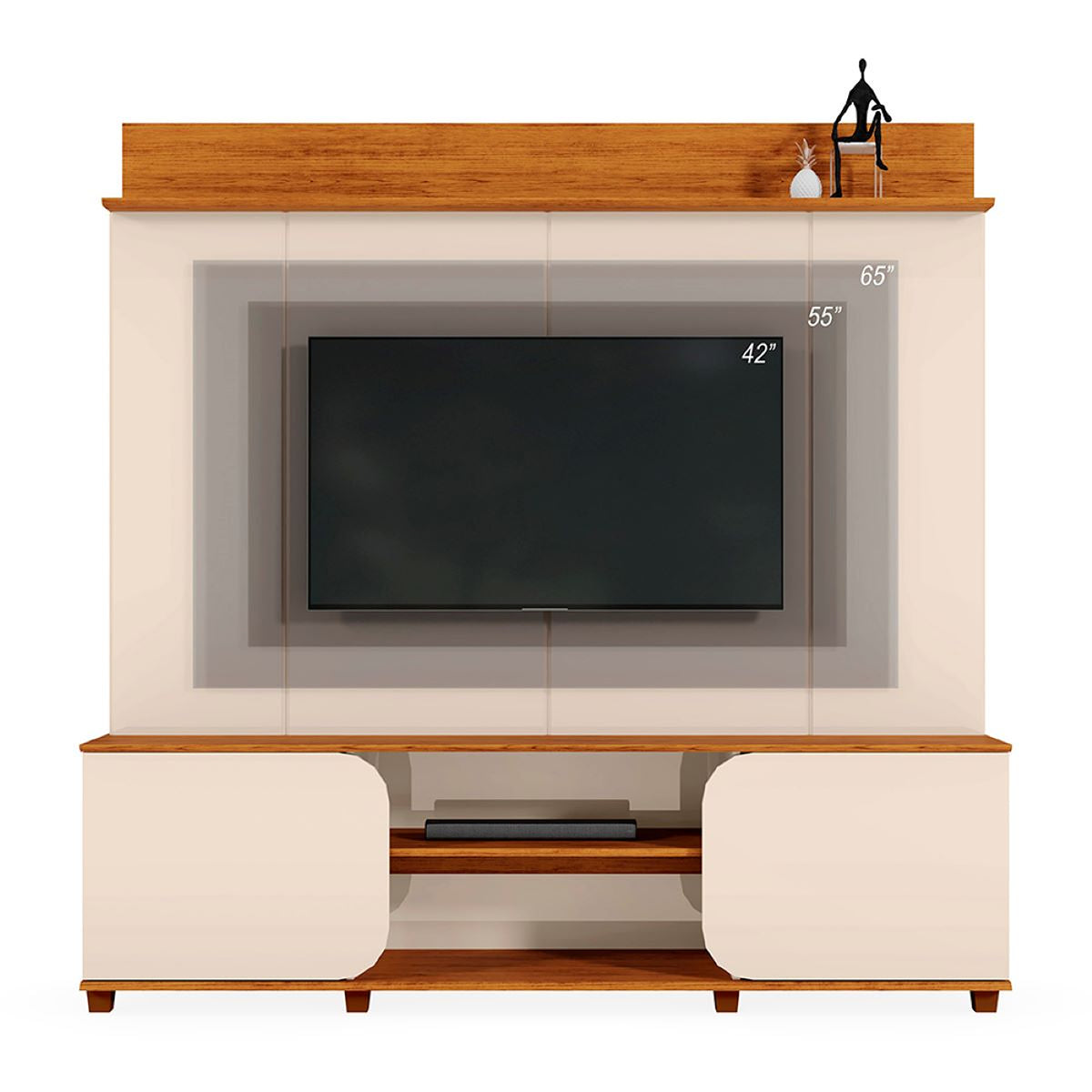 Centro de Entretenimiento Blanco y Canela 182x185cm para TV Hasta 65" Pulgadas con Tres Compartimientos y con Ranura para Cables