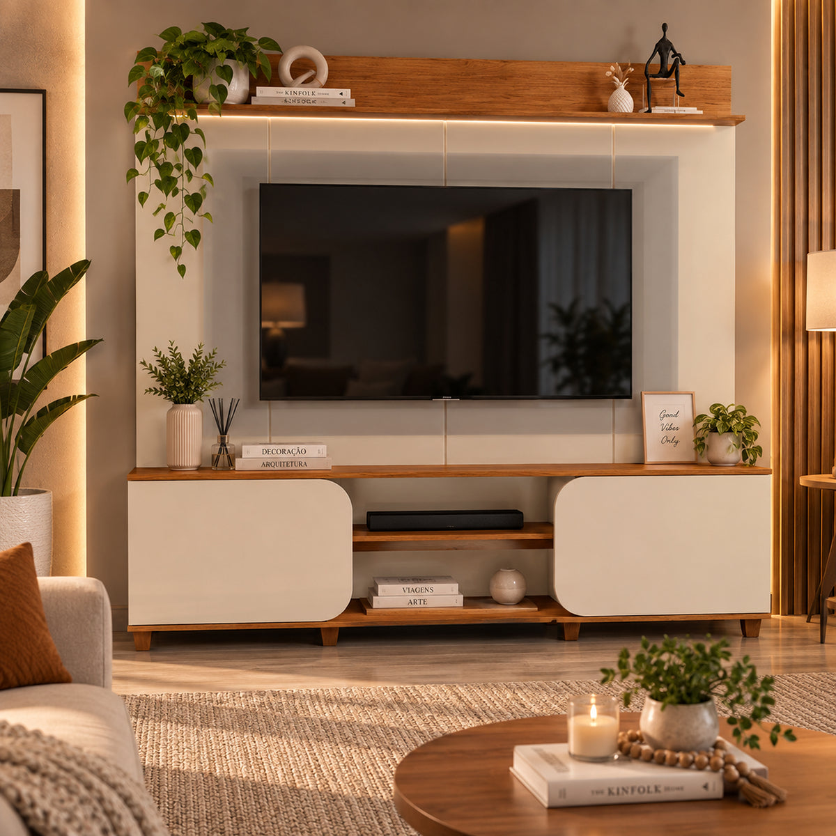 Centro de Entretenimiento Blanco y Canela 182x185cm para TV Hasta 65" Pulgadas con Tres Compartimientos y con Ranura para Cables