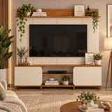 Centro de Entretenimiento Blanco y Canela 182x185cm para TV Hasta 65" Pulgadas con Tres Compartimientos y con Ranura para Cables