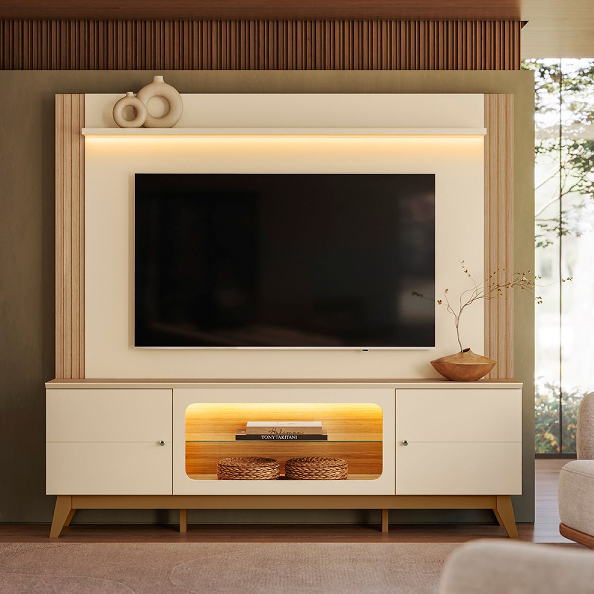 Centro de Entretenimiento Blanco y Canela 198x188cm para TV Hasta 70" Pulgadas con Tres Compartimientos y con Ranura para Cables