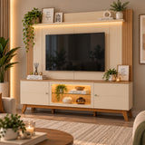 Centro de Entretenimiento Blanco y Canela 198x188cm para TV Hasta 70" Pulgadas con Tres Compartimientos y con Ranura para Cables