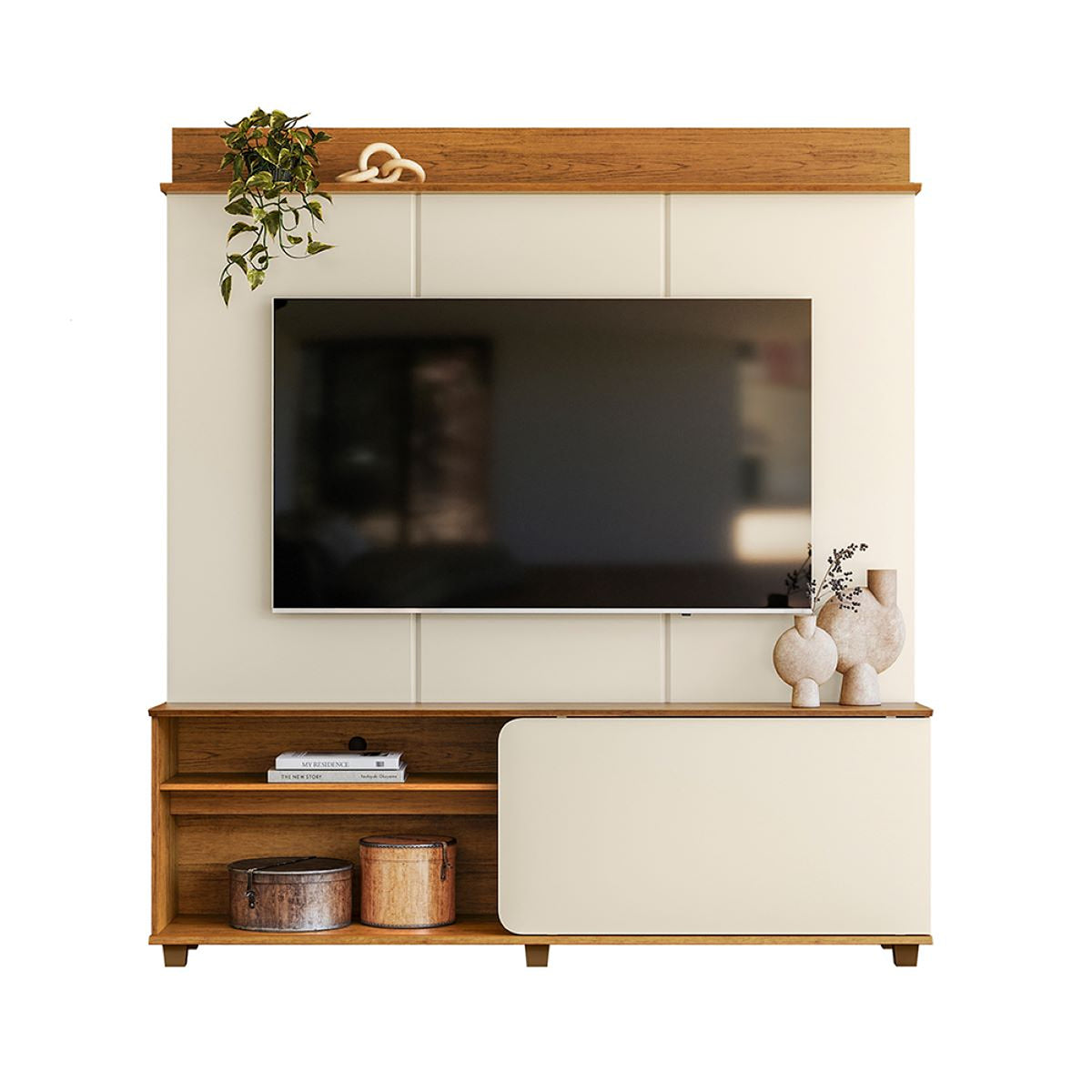 Centro de Entretenimiento Blanco y Canela 160x180cm para TV Hasta 60" Pulgadas con Tres Compartimientos y con Ranura para Cables