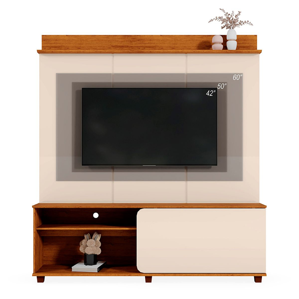 Centro de Entretenimiento Blanco y Canela 160x180cm para TV Hasta 60" Pulgadas con Tres Compartimientos y con Ranura para Cables