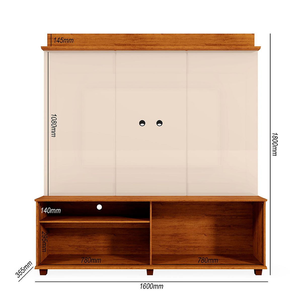 Centro de Entretenimiento Blanco y Canela 160x180cm para TV Hasta 60" Pulgadas con Tres Compartimientos y con Ranura para Cables