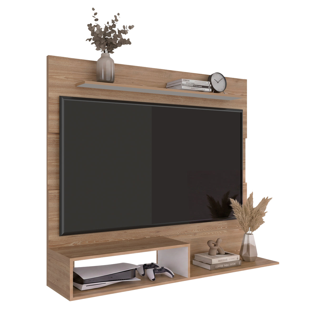 Panel de TV Flotante Beijing Miel y Blanco 140x120cm para TV Hasta 55" Pulgadas con Un Compartimiento