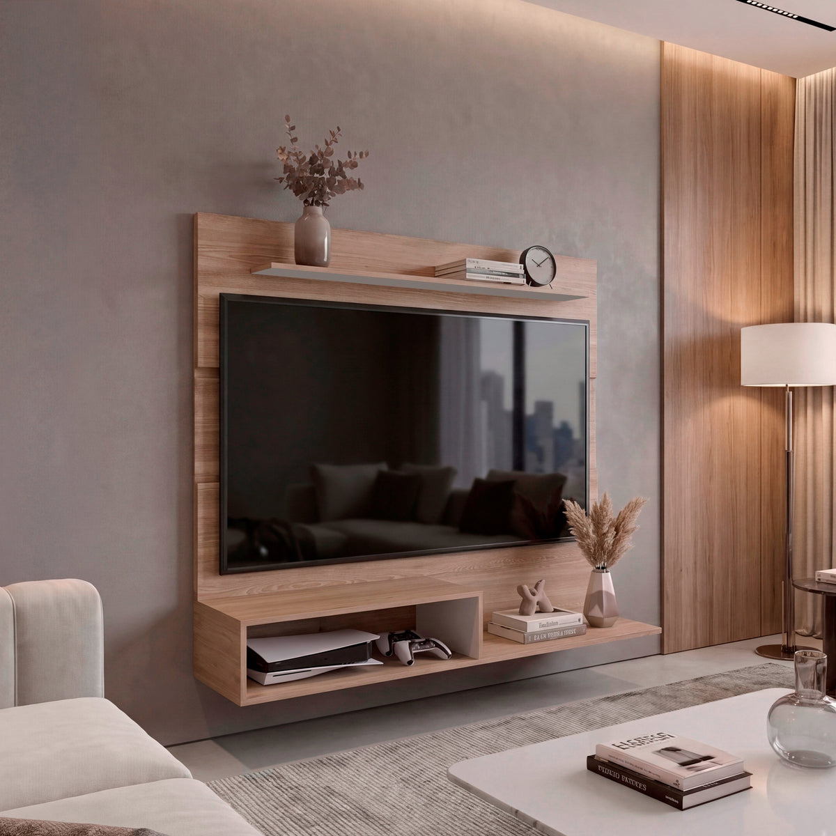 Panel de TV Flotante Beijing Miel y Blanco 140x120cm para TV Hasta 55" Pulgadas con Un Compartimiento