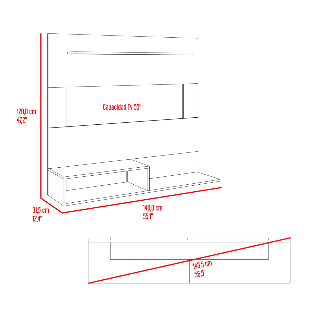 Panel de TV Flotante Beijing Miel y Blanco 140x120cm para TV Hasta 55" Pulgadas con Un Compartimiento