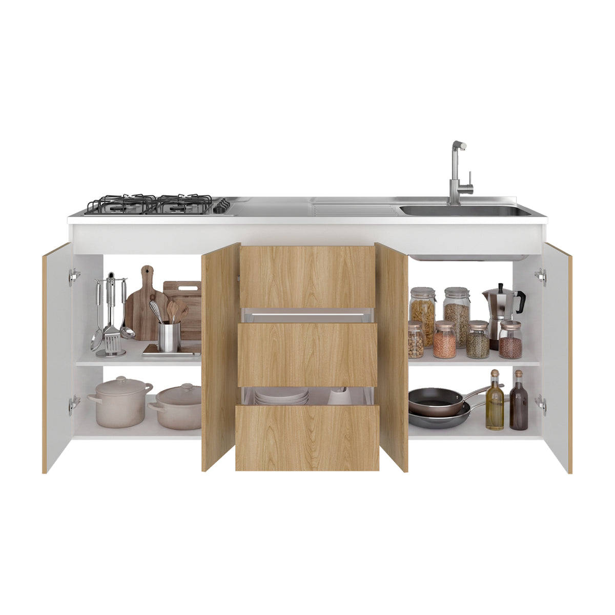 Mueble Inferior de Cocina Boreal Fresno y Blanco 179.9x89.5cm con Mesón de Acero Inoxidable con Pozuelo Lado Derecho y con Estufa
