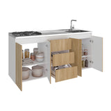 Mueble Inferior de Cocina Boreal Fresno y Blanco 179.9x89.5cm con Mesón de Acero Inoxidable con Pozuelo Lado Derecho y con Estufa