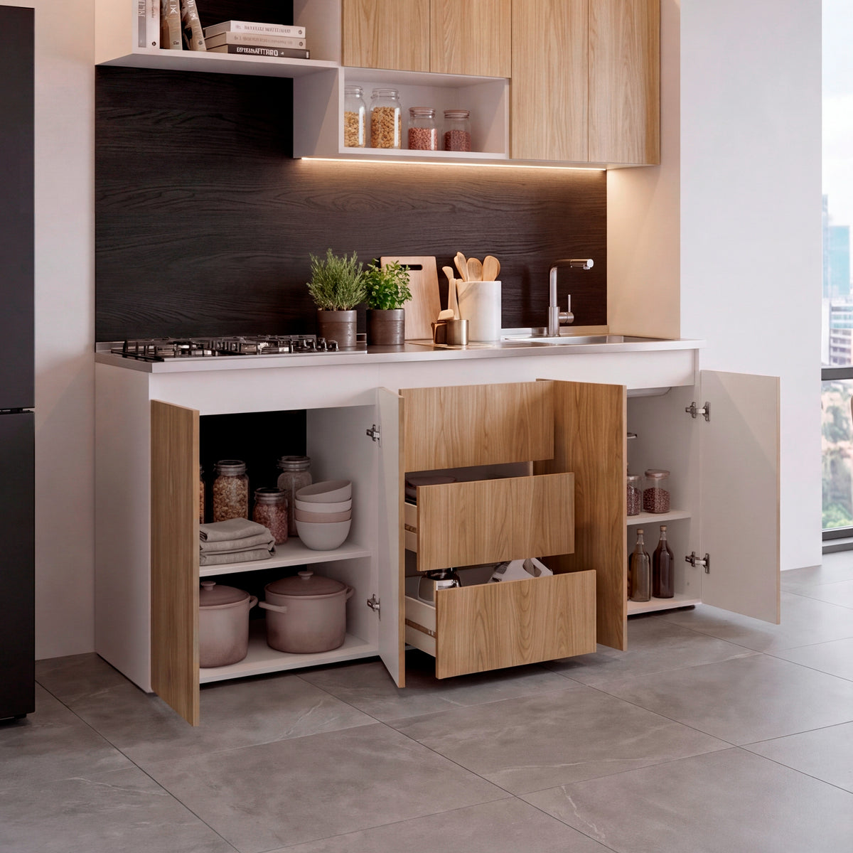 Mueble Inferior de Cocina Boreal Fresno y Blanco 179.9x89.5cm con Mesón de Acero Inoxidable con Pozuelo Lado Derecho y con Estufa