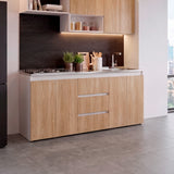 Mueble Inferior de Cocina Boreal Fresno y Blanco 179.9x89.5cm con Mesón de Acero Inoxidable con Pozuelo Lado Derecho y con Estufa