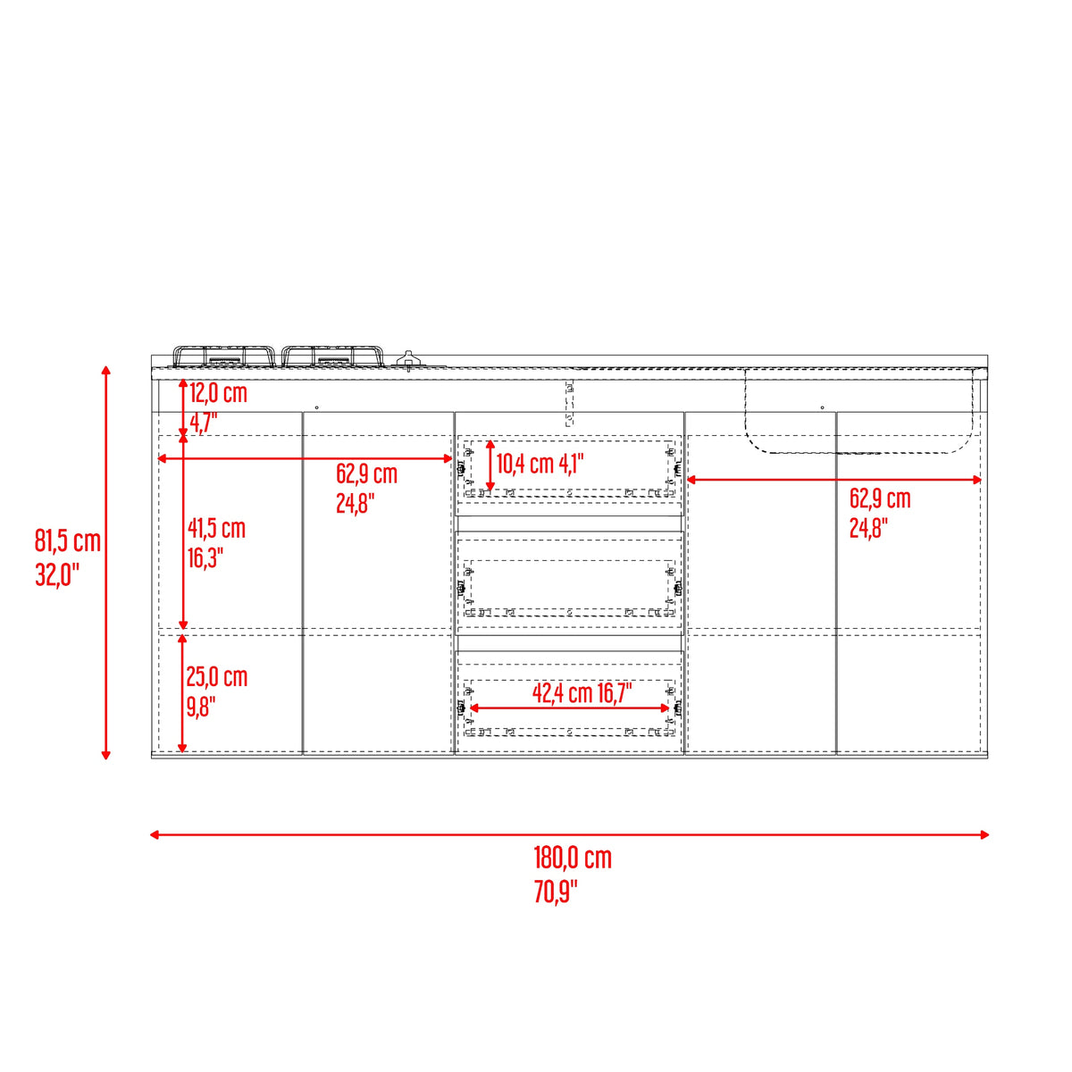 Mueble Inferior de Cocina Boreal Fresno y Blanco 179.9x89.5cm con Mesón de Acero Inoxidable con Pozuelo Lado Derecho y con Estufa