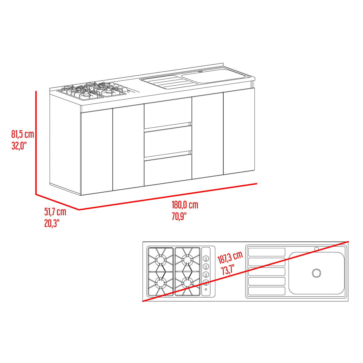 Mueble Inferior de Cocina Boreal Fresno y Blanco 179.9x89.5cm con Mesón de Acero Inoxidable con Pozuelo Lado Derecho y con Estufa