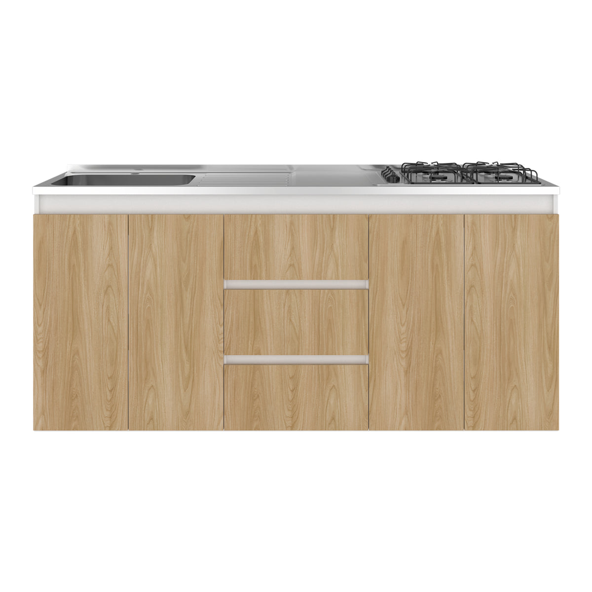 Mueble Inferior de Cocina Boreal Fresno y Blanco 179.9x89.5cm con Mesón de Acero Inoxidable con Pozuelo Lado Izquierdo y con Estufa