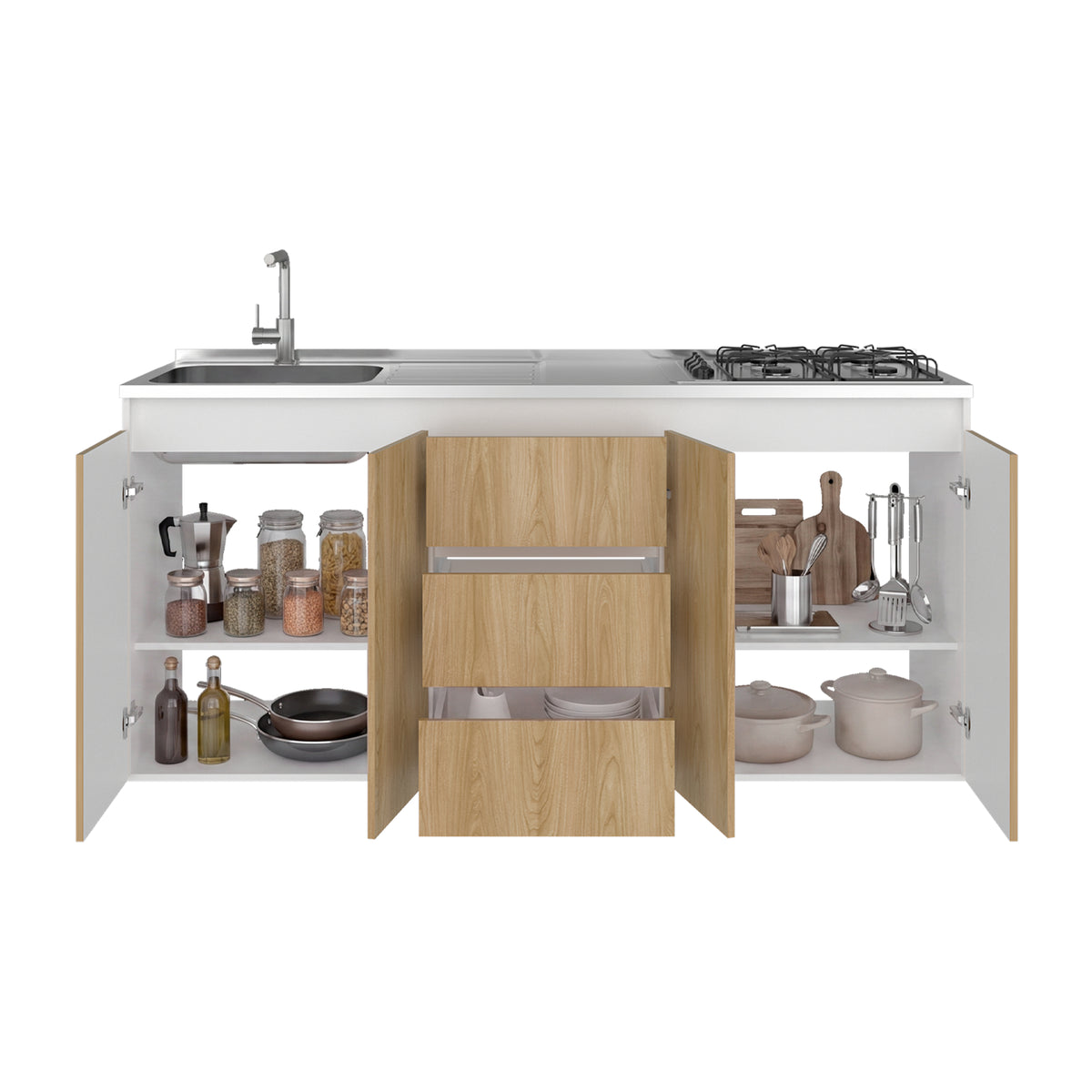Mueble Inferior de Cocina Boreal Fresno y Blanco 179.9x89.5cm con Mesón de Acero Inoxidable con Pozuelo Lado Izquierdo y con Estufa