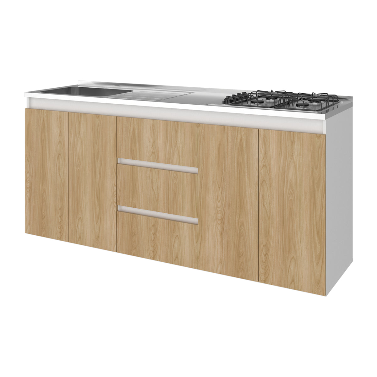 Mueble Inferior de Cocina Boreal Fresno y Blanco 179.9x89.5cm con Mesón de Acero Inoxidable con Pozuelo Lado Izquierdo y con Estufa