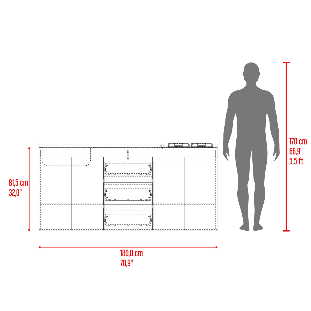 Mueble Inferior de Cocina Boreal Fresno y Blanco 179.9x89.5cm con Mesón de Acero Inoxidable con Pozuelo Lado Izquierdo y con Estufa