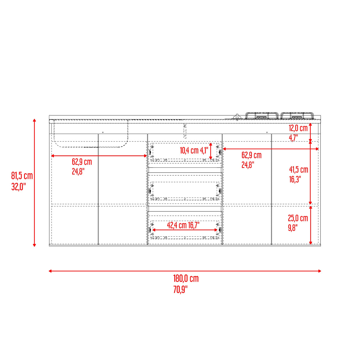 Mueble Inferior de Cocina Boreal Fresno y Blanco 179.9x89.5cm con Mesón de Acero Inoxidable con Pozuelo Lado Izquierdo y con Estufa