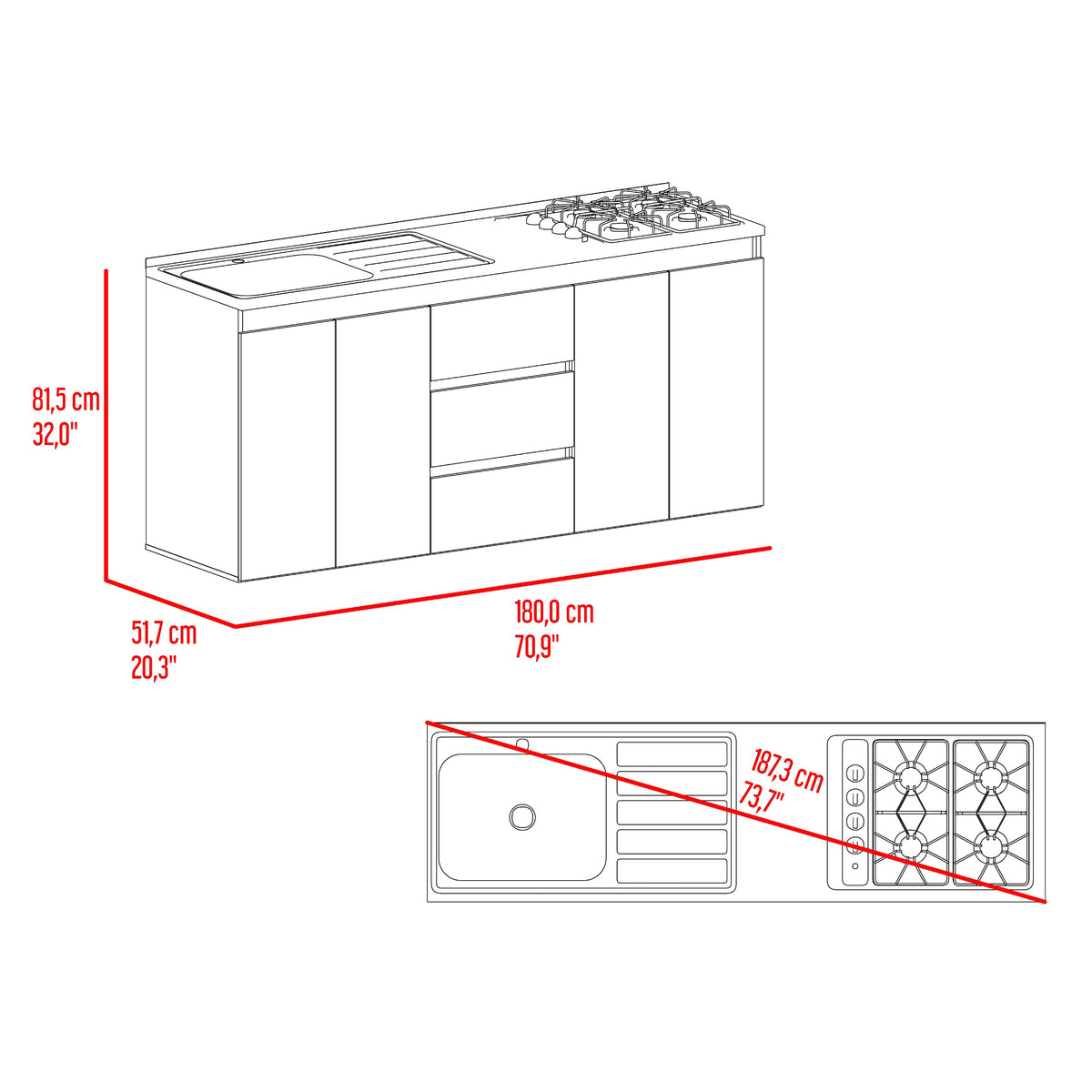 Mueble Inferior de Cocina Boreal Fresno y Blanco 179.9x89.5cm con Mesón de Acero Inoxidable con Pozuelo Lado Izquierdo y con Estufa