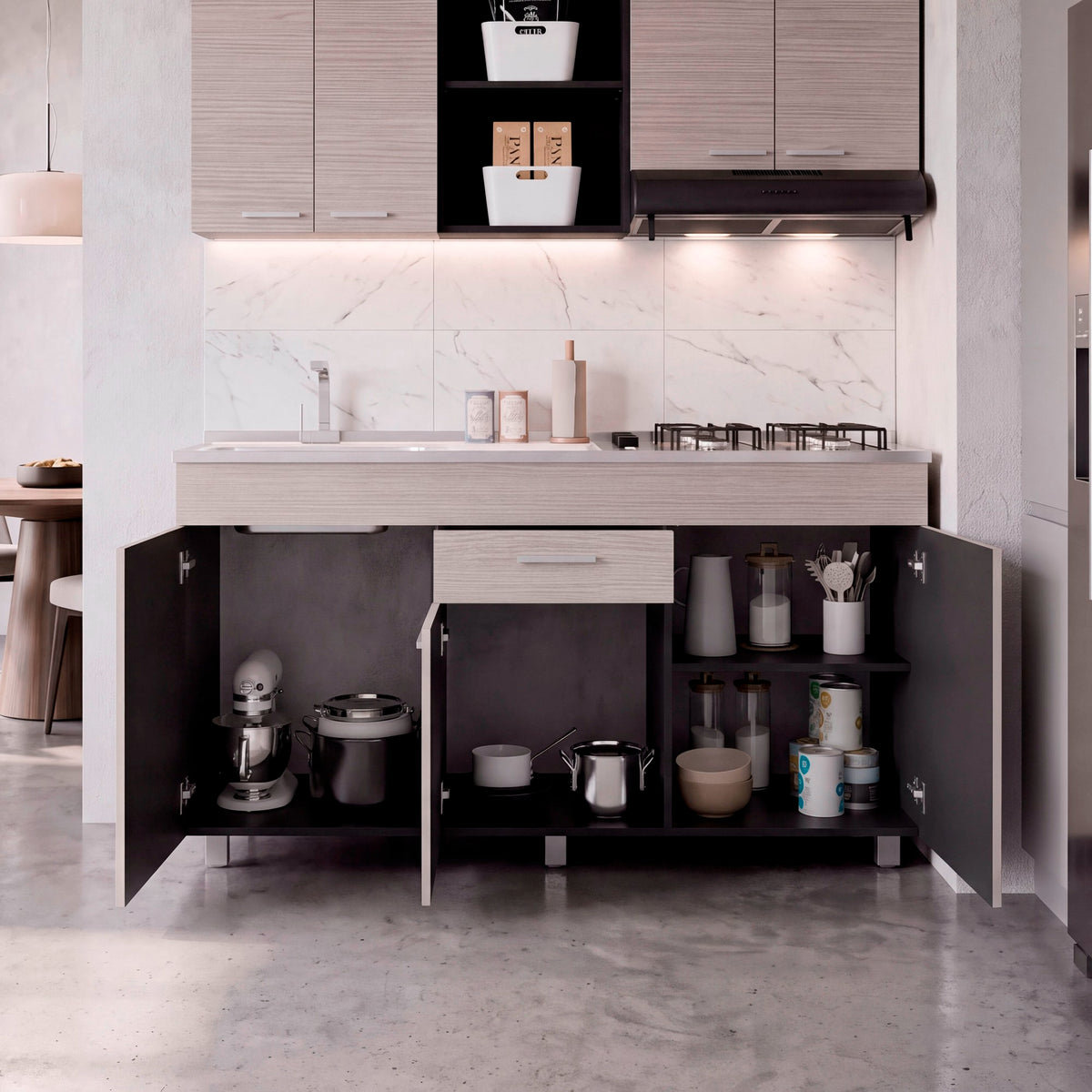 Mueble Inferior de Cocina Rosa Wengue y Positano 148.2x84.5cm sin Mesón y sin Estufa