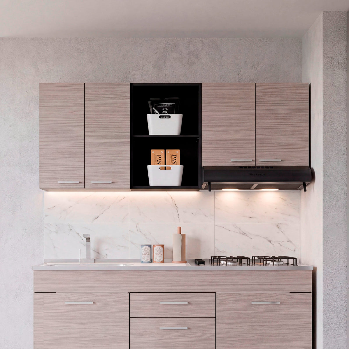 Mueble Superior de Cocina Rosa Wengue y Positano 200x200cm con Cuatro Puertas con Espacio para Extractor Lado Izquierdo y con Locero